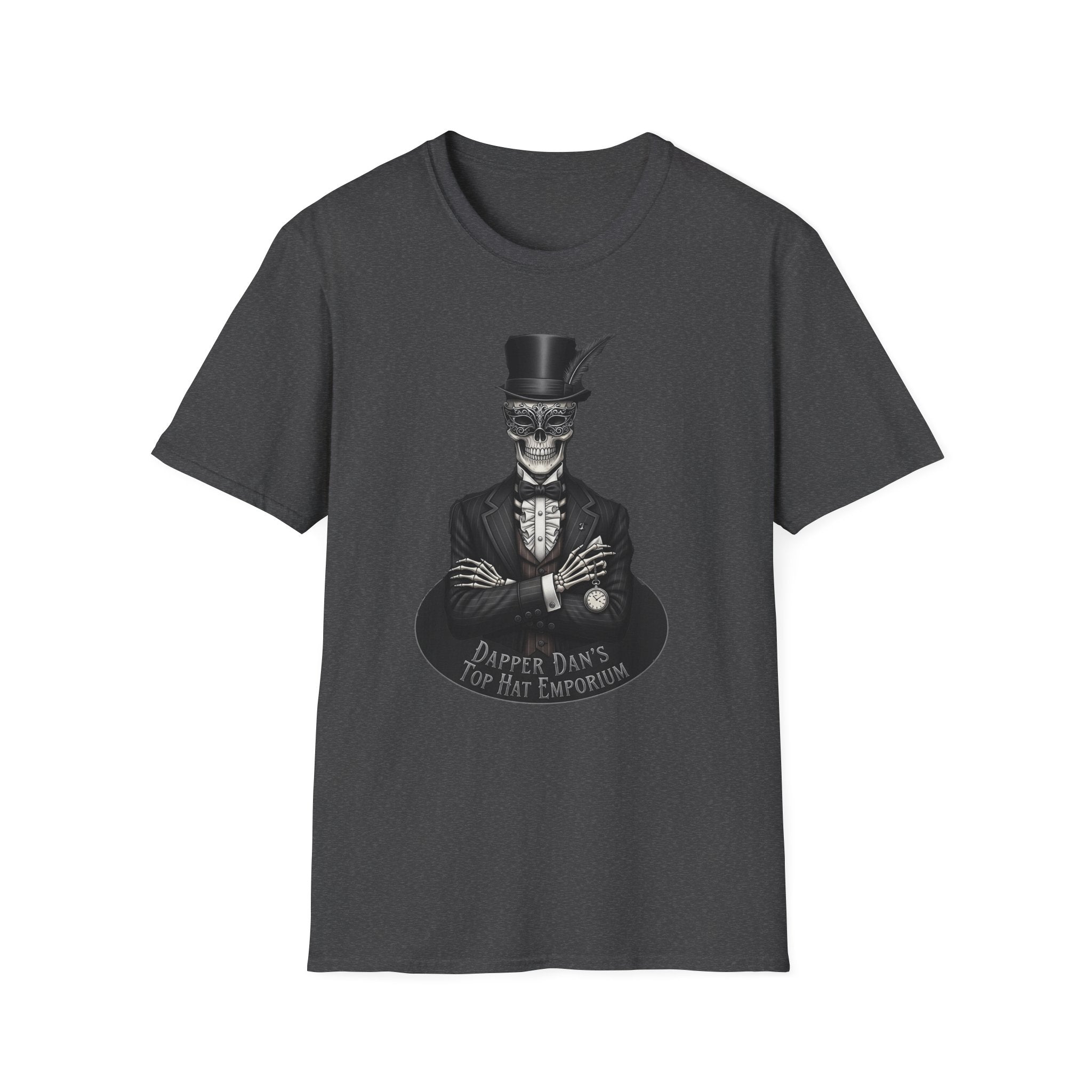 Dapper Dans Top Hat Emporium T-Shirt, Skeleton Shirt, Unisex Graphic Tee, Halloween Apparel, Unique Gift for Goth Style