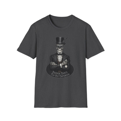 Dapper Dans Top Hat Emporium T-Shirt, Skeleton Shirt, Unisex Graphic Tee, Halloween Apparel, Unique Gift for Goth Style