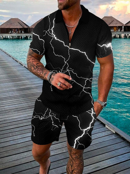 Men's Summer Fashion 3D Printed Short Sleeve Geometric Zip Lapel Shirt Set