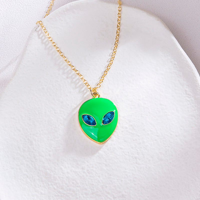 Halloween Vintage Enamel Alien Face Pendant Necklace