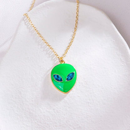 Halloween Vintage Enamel Alien Face Pendant Necklace