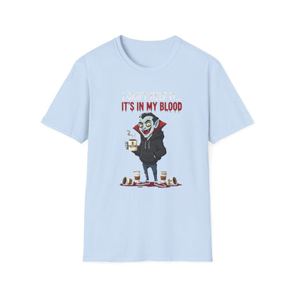 Coffee Lover's Vampire Its In My Blood Unisex T-Shirt, Funny Graphic Tee, Gift for Baristas, Coffee Addicts, Casual Wear, Halloween Apparel
