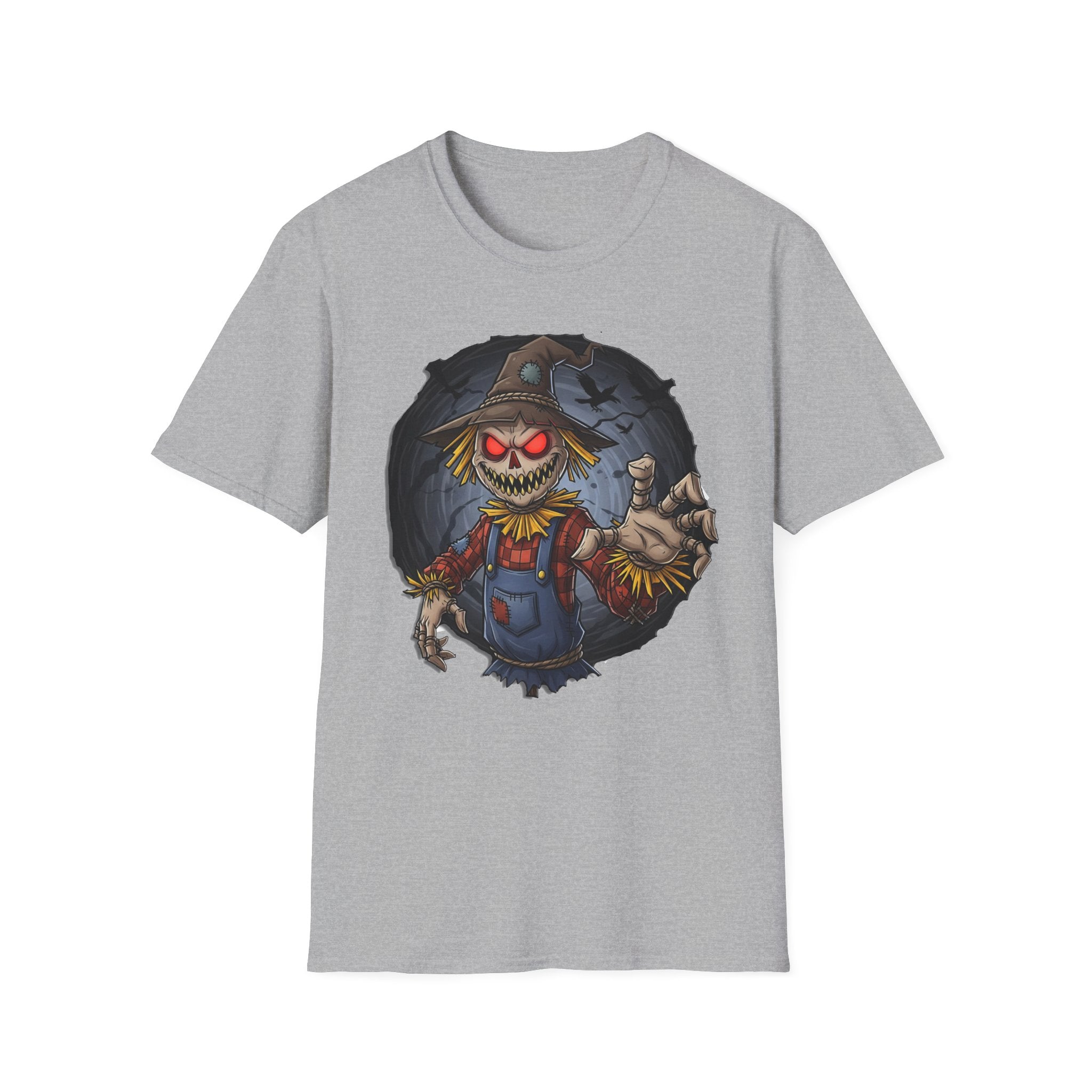 Spooky Scarecrow T-Shirt, Halloween Shirt, Scary Graphic Tee, Unisex Softstyle T-Shirt, Fall Fashion, Gift for Horror Fans