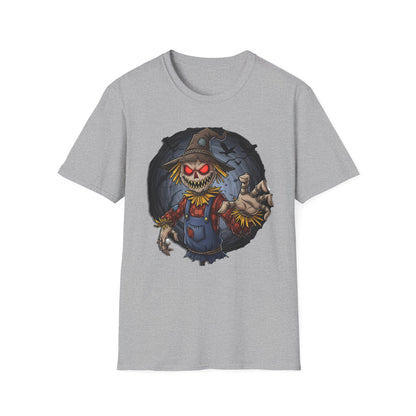 Spooky Scarecrow T-Shirt, Halloween Shirt, Scary Graphic Tee, Unisex Softstyle T-Shirt, Fall Fashion, Gift for Horror Fans