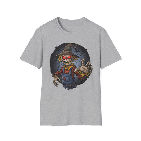 Spooky Scarecrow T-Shirt, Halloween Shirt, Scary Graphic Tee, Unisex Softstyle T-Shirt, Fall Fashion, Gift for Horror Fans