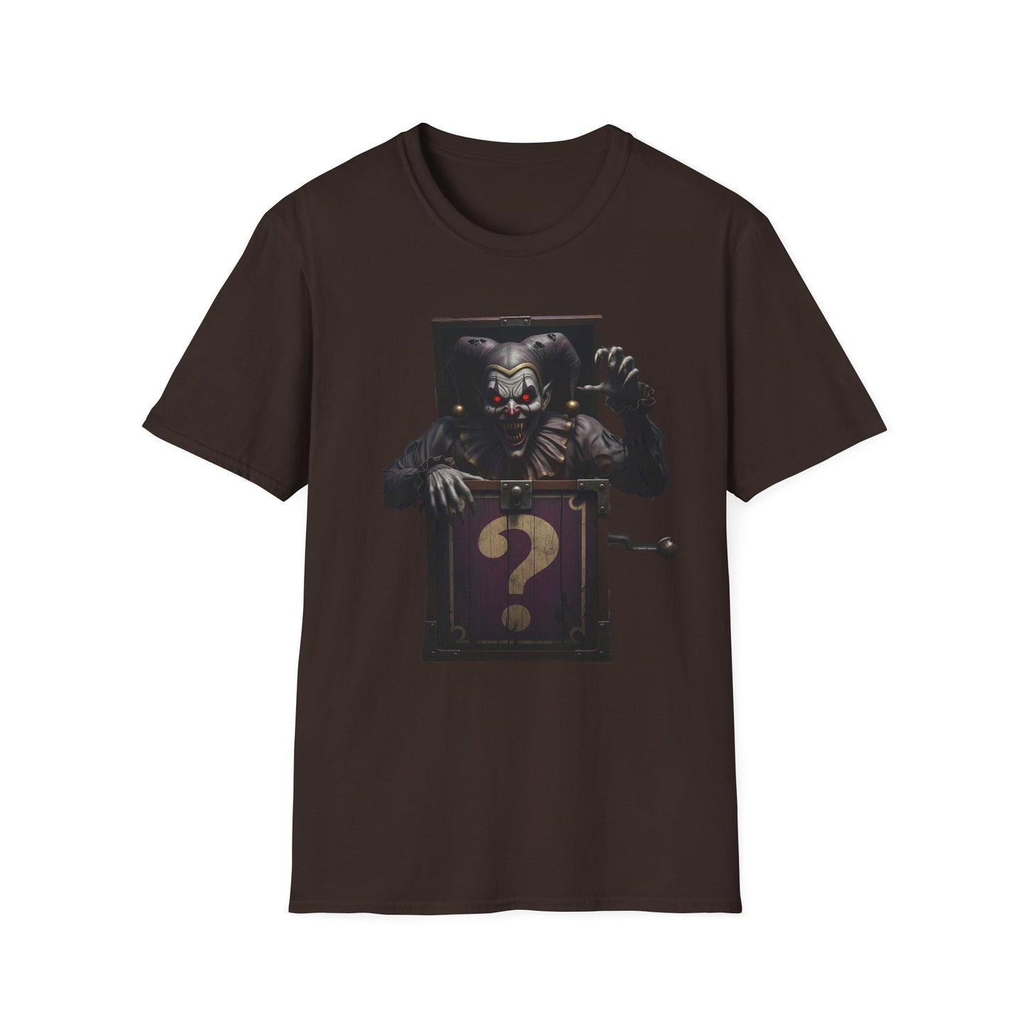 Mystery Demon Jester Clown Jack In A Box Unisex T-Shirt, Horror Tee, Spooky Shirt, Halloween Costume, Fun House Apparel, Gift for Horror Fans