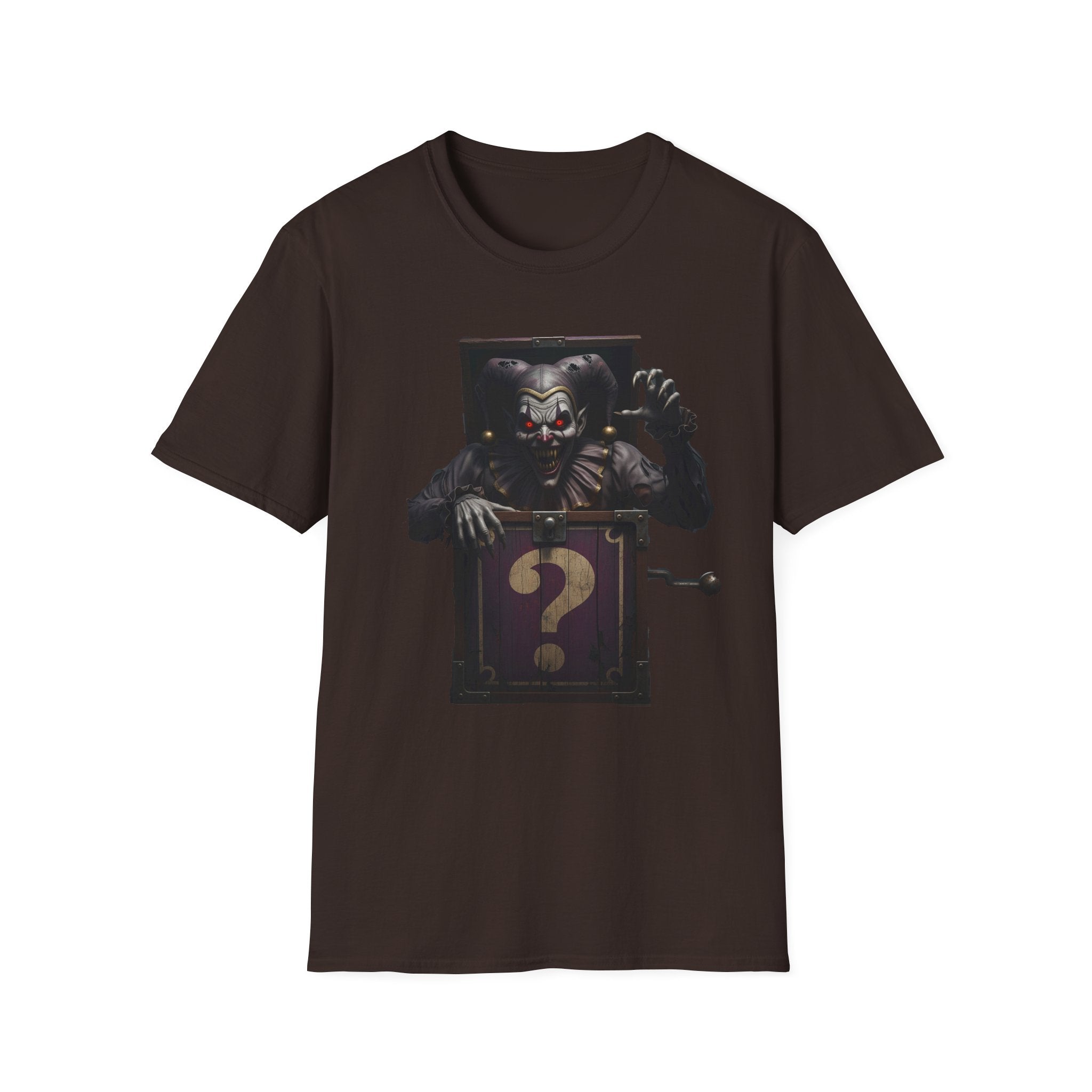 Mystery Demon Jester Clown Jack In A Box Unisex T-Shirt, Horror Tee, Spooky Shirt, Halloween Costume, Fun House Apparel, Gift for Horror Fans