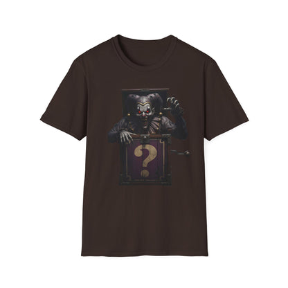 Mystery Demon Jester Clown Jack In A Box Unisex T-Shirt, Horror Tee, Spooky Shirt, Halloween Costume, Fun House Apparel, Gift for Horror Fans