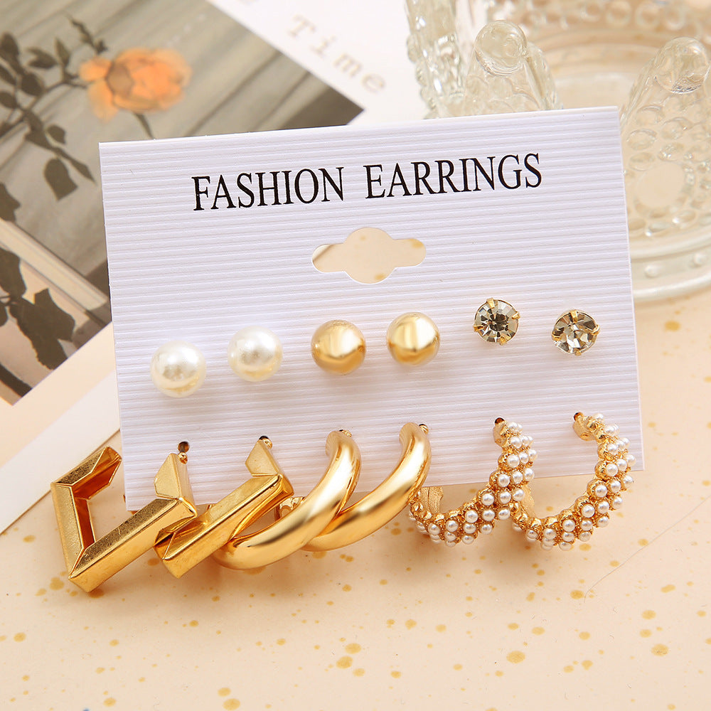 Gold Geometric Metal Vintage Pearl Inlaid Rhinestone Earrings Suit