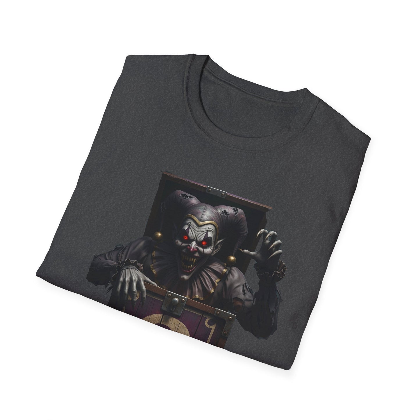 Mystery Demon Jester Clown Jack In A Box Unisex T-Shirt, Horror Tee, Spooky Shirt, Halloween Costume, Fun House Apparel, Gift for Horror Fans