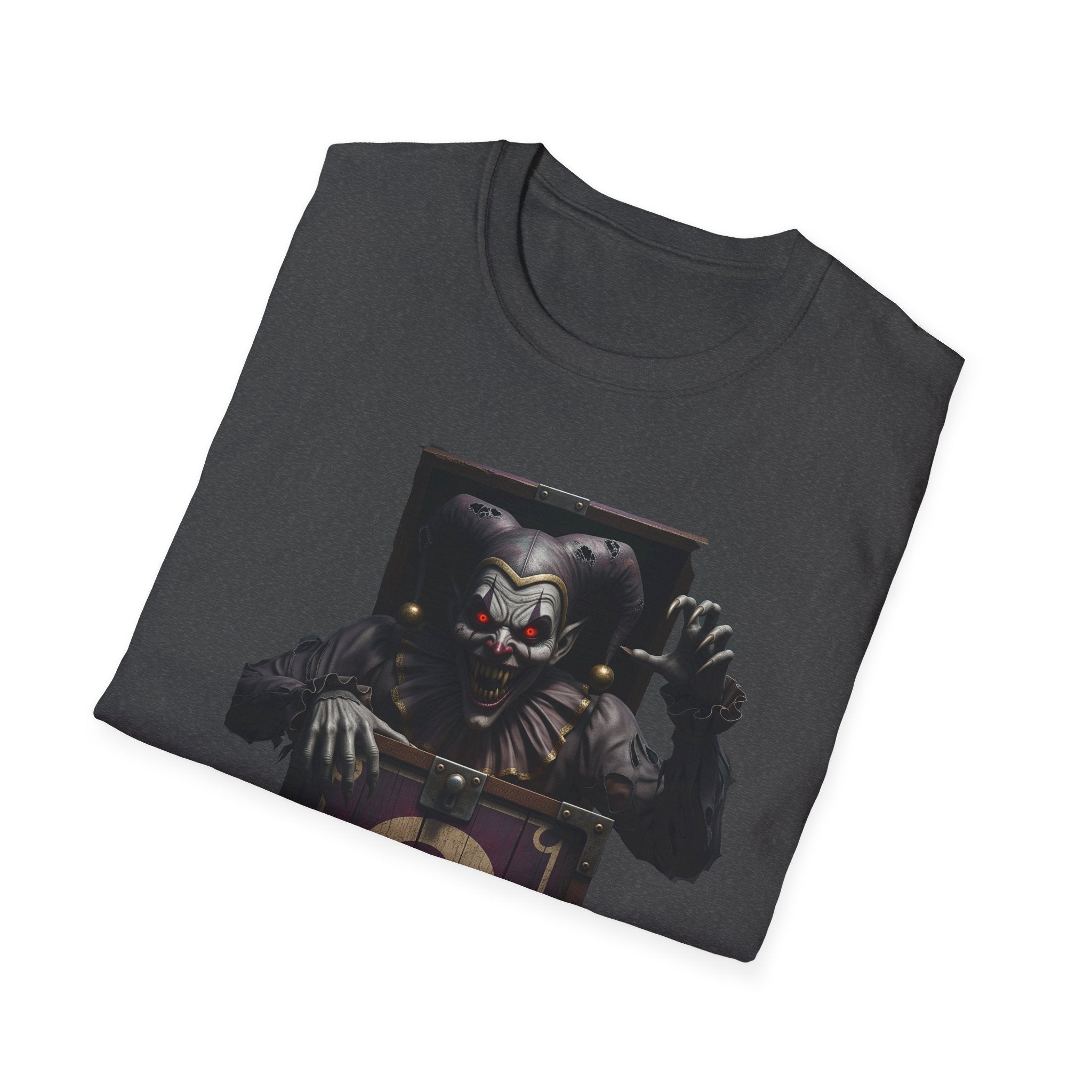 Mystery Demon Jester Clown Jack In A Box Unisex T-Shirt, Horror Tee, Spooky Shirt, Halloween Costume, Fun House Apparel, Gift for Horror Fans