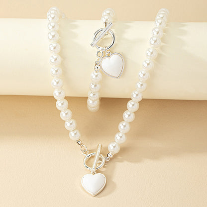 Pearl Bracelet And Necklace Set Female With Hearts Clavicle Chain