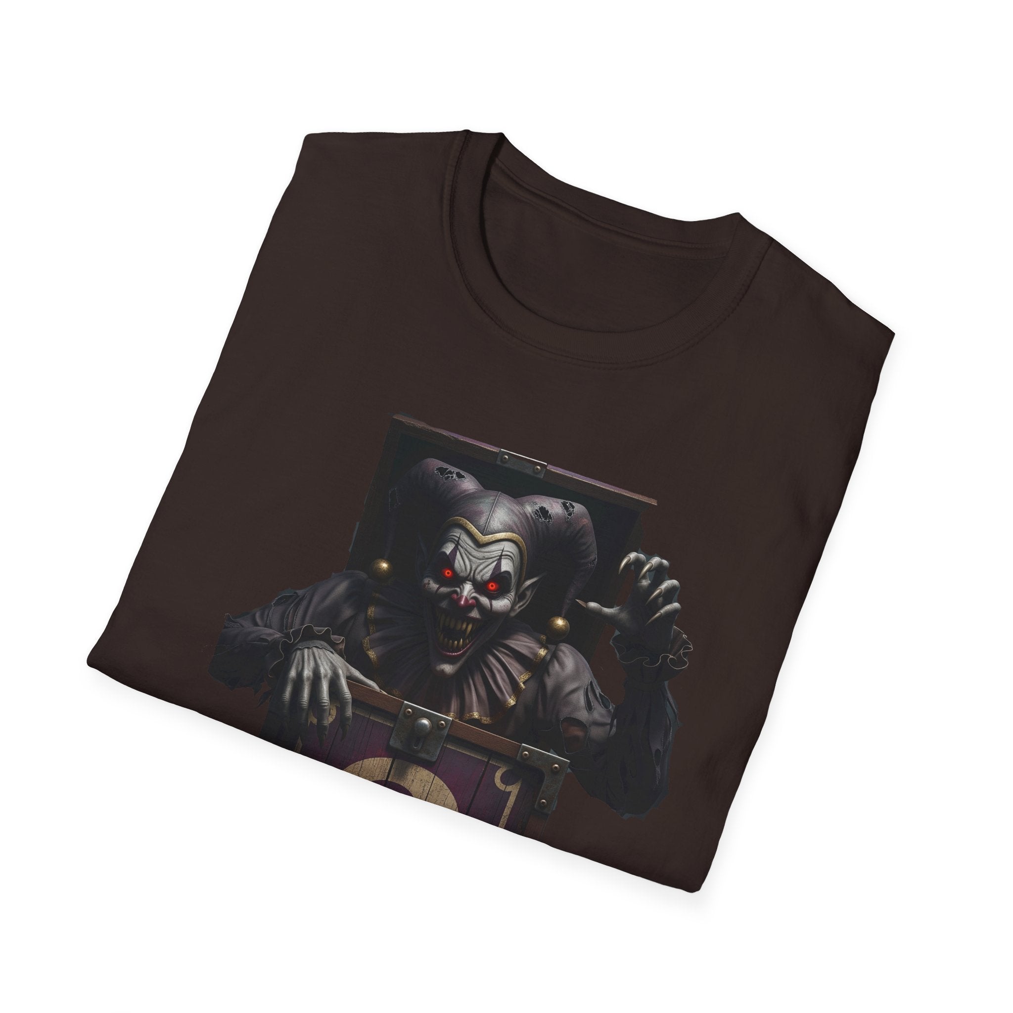 Mystery Demon Jester Clown Jack In A Box Unisex T-Shirt, Horror Tee, Spooky Shirt, Halloween Costume, Fun House Apparel, Gift for Horror Fans