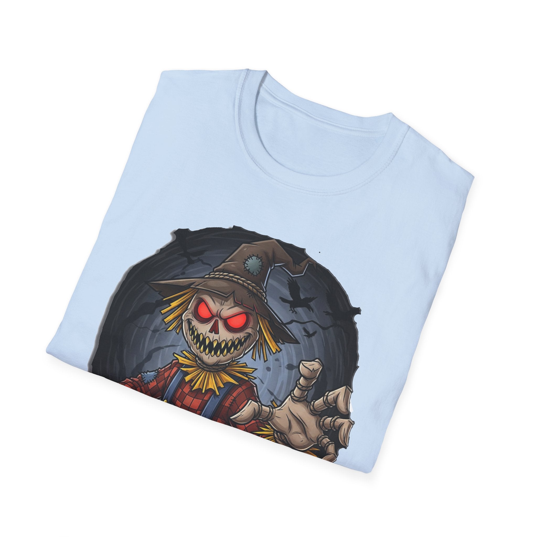 Spooky Scarecrow T-Shirt, Halloween Shirt, Scary Graphic Tee, Unisex Softstyle T-Shirt, Fall Fashion, Gift for Horror Fans