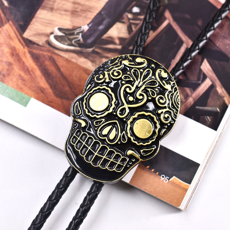 Skull Facial Makeup Genuine Leather Polo Bow Tie Necklace