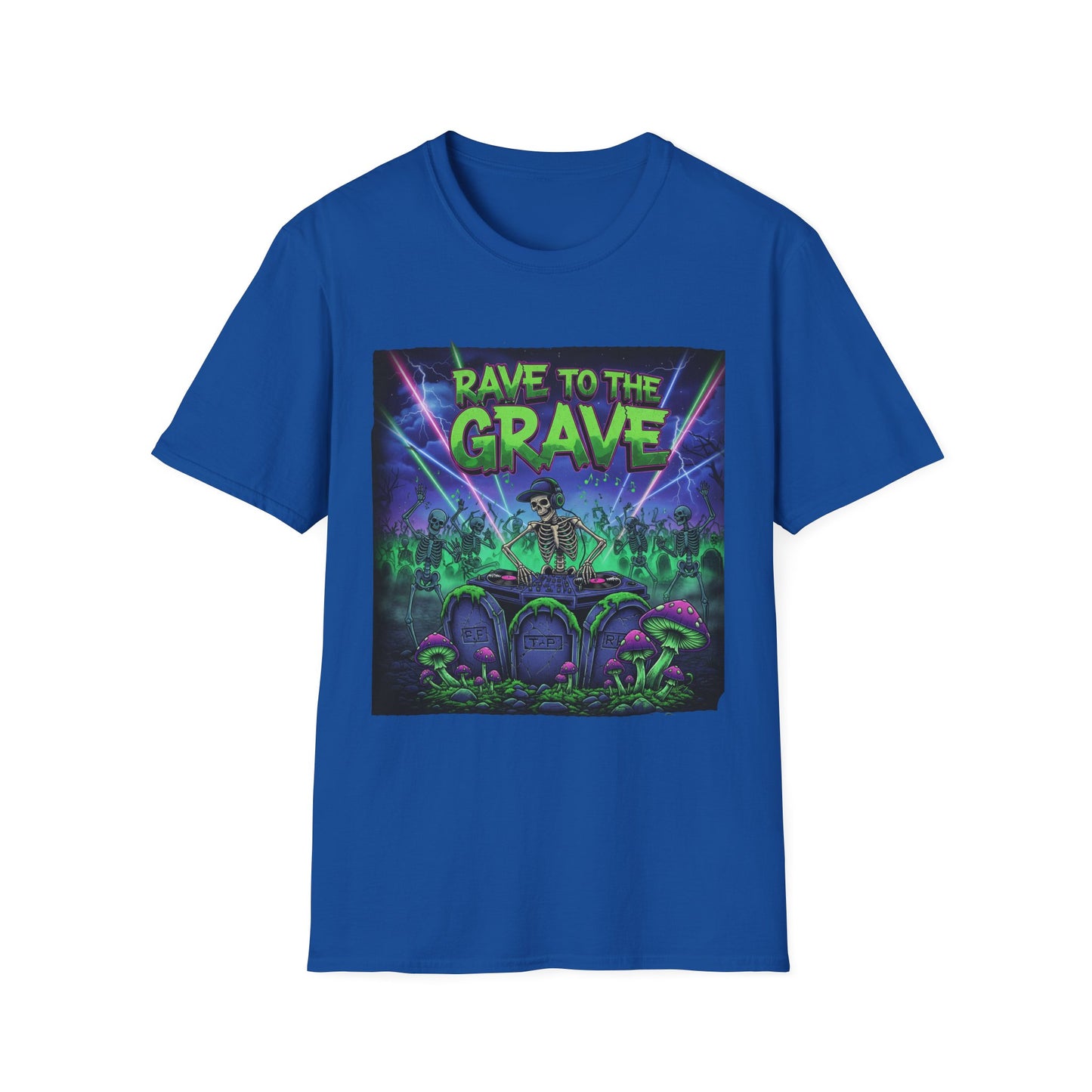 Rave to the Grave Unisex Softstyle T-Shirt | Festival Tee, Edgy Graphic Shirt, Concert Outfit, Alternative Apparel, Unique Gift