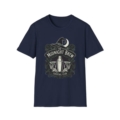 Midnight Brew Cocktail Club T-Shirt | Unisex Softstyle Tee, Barware Lovers Gift, Cocktail Party Attire, Fun Drinking Shirt, Night Out Wear