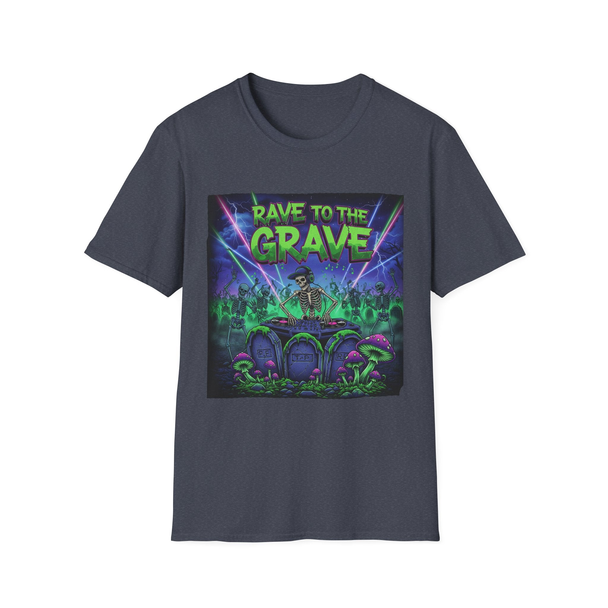 Rave to the Grave Unisex Softstyle T-Shirt | Festival Tee, Edgy Graphic Shirt, Concert Outfit, Alternative Apparel, Unique Gift