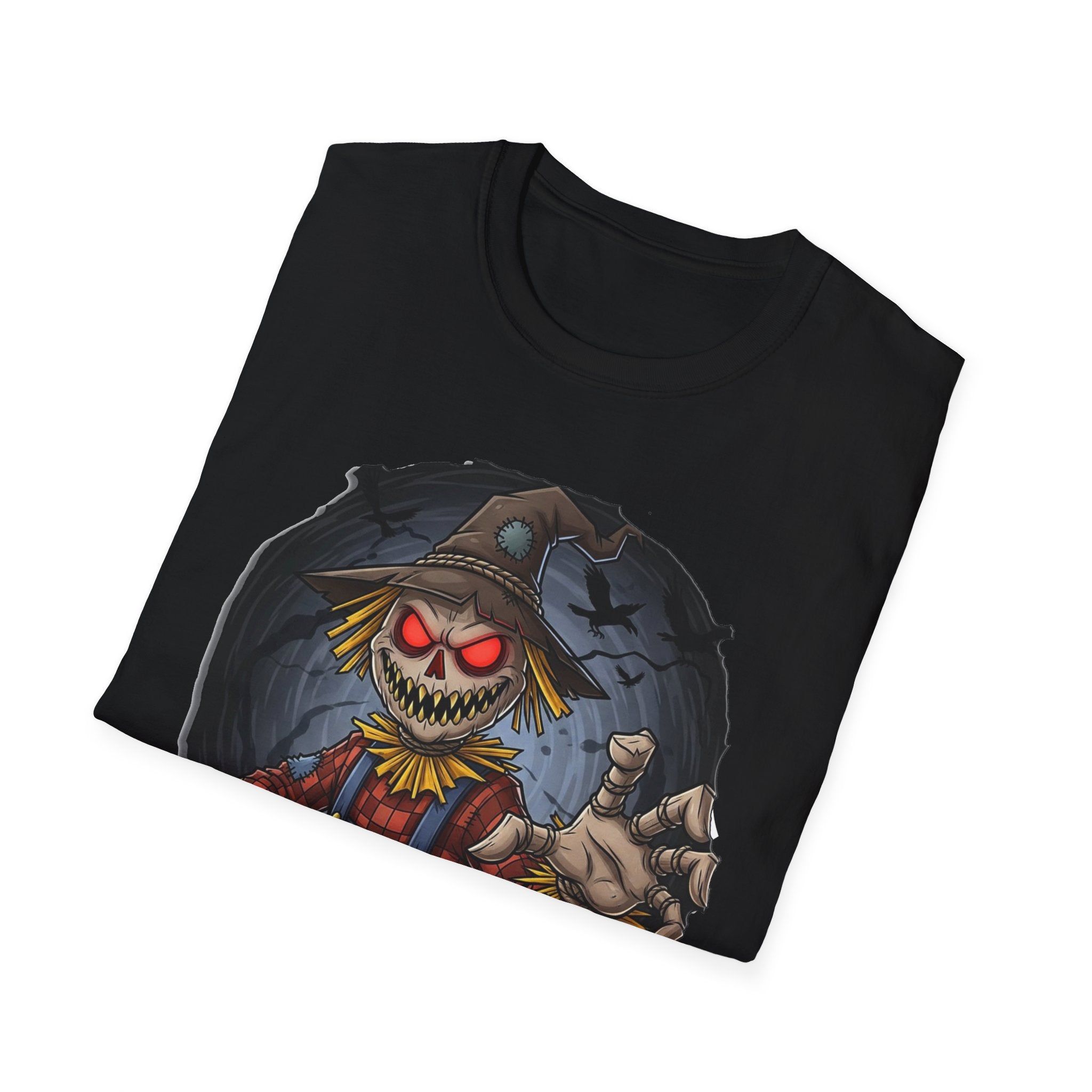 Spooky Scarecrow T-Shirt, Halloween Shirt, Scary Graphic Tee, Unisex Softstyle T-Shirt, Fall Fashion, Gift for Horror Fans