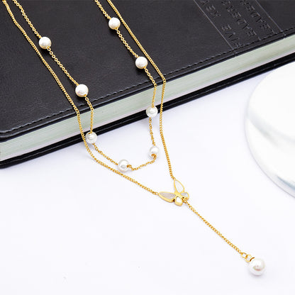 Butterfly Women's Titanium Steel Double-layer Chain Pearl Long Fringe Pendant Color-retaining V-neck Clavicle