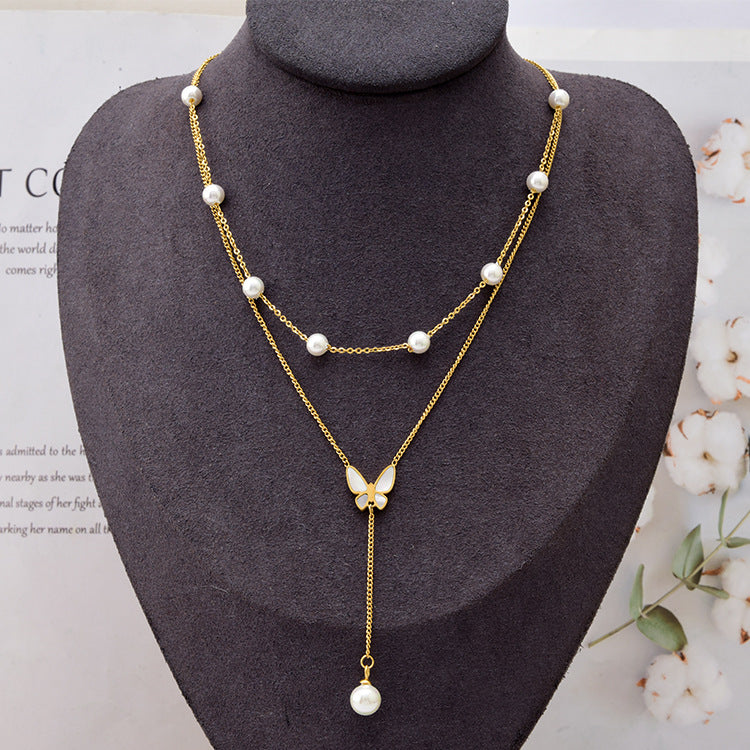 Butterfly Women's Titanium Steel Double-layer Chain Pearl Long Fringe Pendant Color-retaining V-neck Clavicle