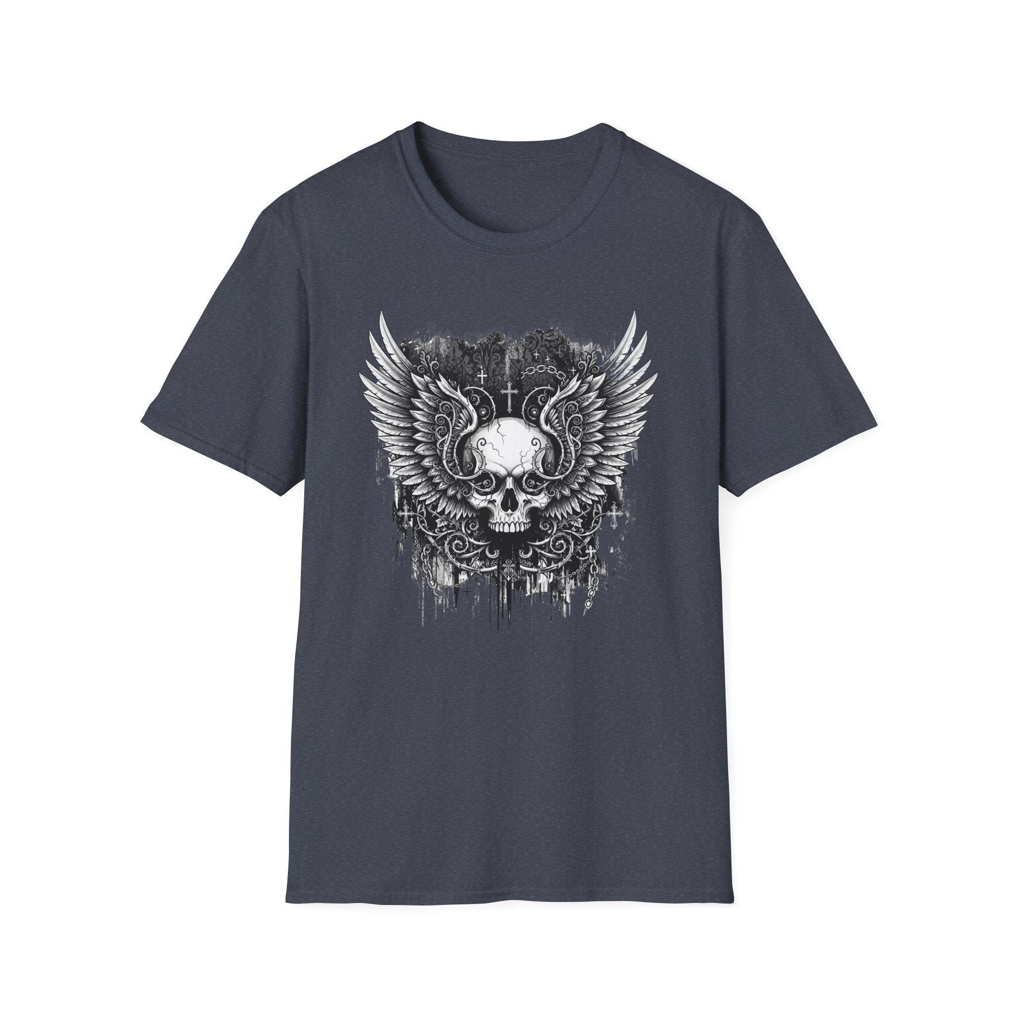 Gothic Winged Skull T-Shirt | Unisex Graphic Tee for Music Lovers, Halloween, Casual Wear, Gift for Him & Her
