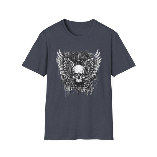 Gothic Winged Skull T-Shirt | Unisex Graphic Tee for Music Lovers, Halloween, Casual Wear, Gift for Him & Her