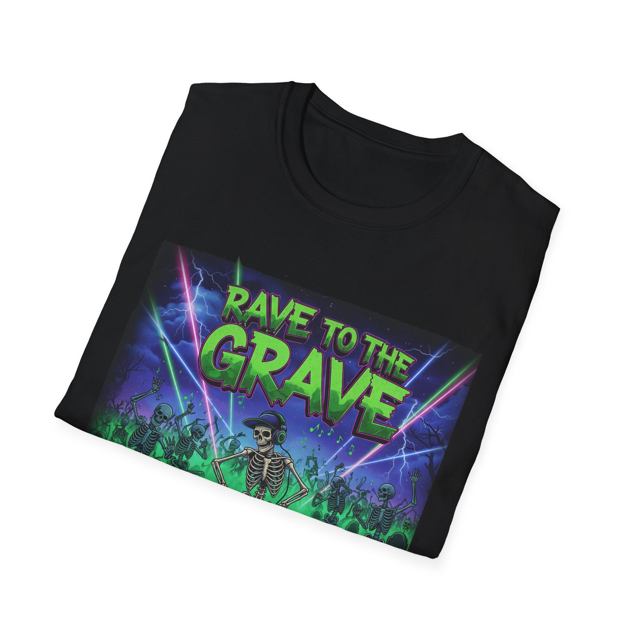 Rave to the Grave Unisex Softstyle T-Shirt | Festival Tee, Edgy Graphic Shirt, Concert Outfit, Alternative Apparel, Unique Gift