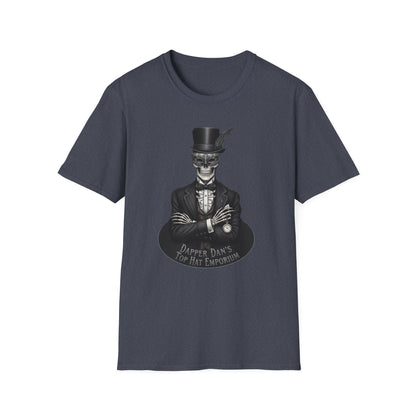 Dapper Dans Top Hat Emporium T-Shirt, Skeleton Shirt, Unisex Graphic Tee, Halloween Apparel, Unique Gift for Goth Style
