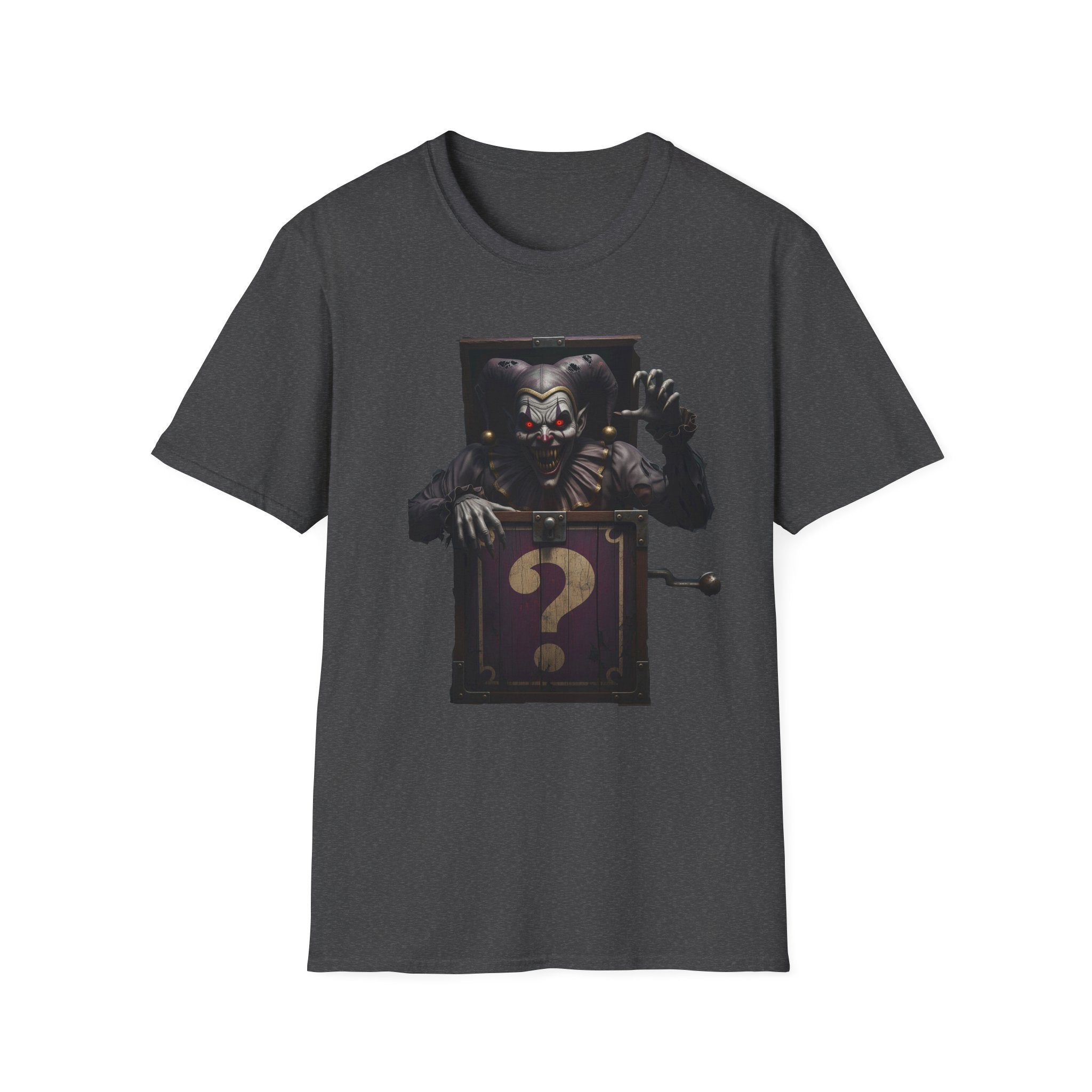 Mystery Demon Jester Clown Jack In A Box Unisex T-Shirt, Horror Tee, Spooky Shirt, Halloween Costume, Fun House Apparel, Gift for Horror Fans