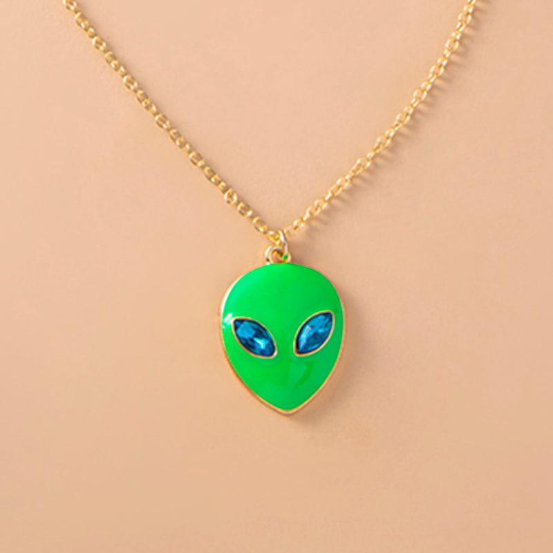 Halloween Vintage Enamel Alien Face Pendant Necklace