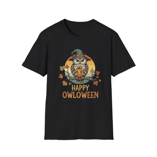 Halloween Happy Owl O Ween Graphic Tee, Casual Fall T-Shirt, Seasonal Gift, Unisex Halloween Shirt, Fun Halloween Outfit