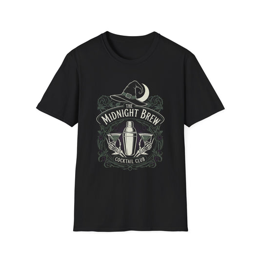 Midnight Brew Cocktail Club T-Shirt | Unisex Softstyle Tee, Barware Lovers Gift, Cocktail Party Attire, Fun Drinking Shirt, Night Out Wear