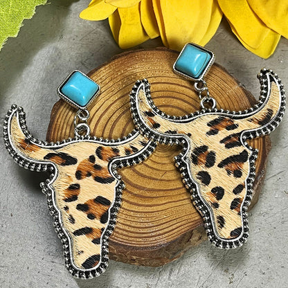 Vintage Ethnic Style Bohemian Genuine Leather Horsehair Cow Head Turquoise Earrings