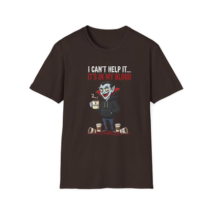 Coffee Lover's Vampire Its In My Blood Unisex T-Shirt, Funny Graphic Tee, Gift for Baristas, Coffee Addicts, Casual Wear, Halloween Apparel