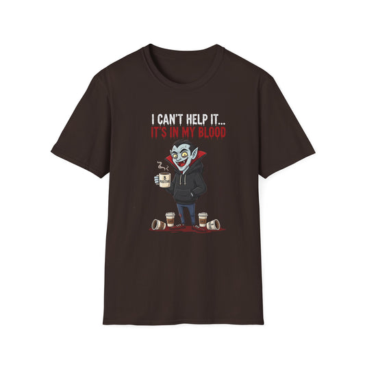 Coffee Lover's Vampire Its In My Blood Unisex T-Shirt, Funny Graphic Tee, Gift for Baristas, Coffee Addicts, Casual Wear, Halloween Apparel