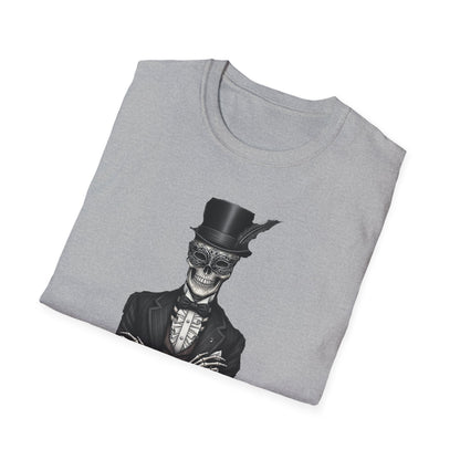 Dapper Dans Top Hat Emporium T-Shirt, Skeleton Shirt, Unisex Graphic Tee, Halloween Apparel, Unique Gift for Goth Style
