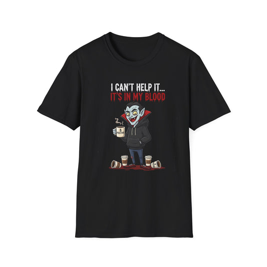 Coffee Lover's Vampire Its In My Blood Unisex T-Shirt, Funny Graphic Tee, Gift for Baristas, Coffee Addicts, Casual Wear, Halloween Apparel