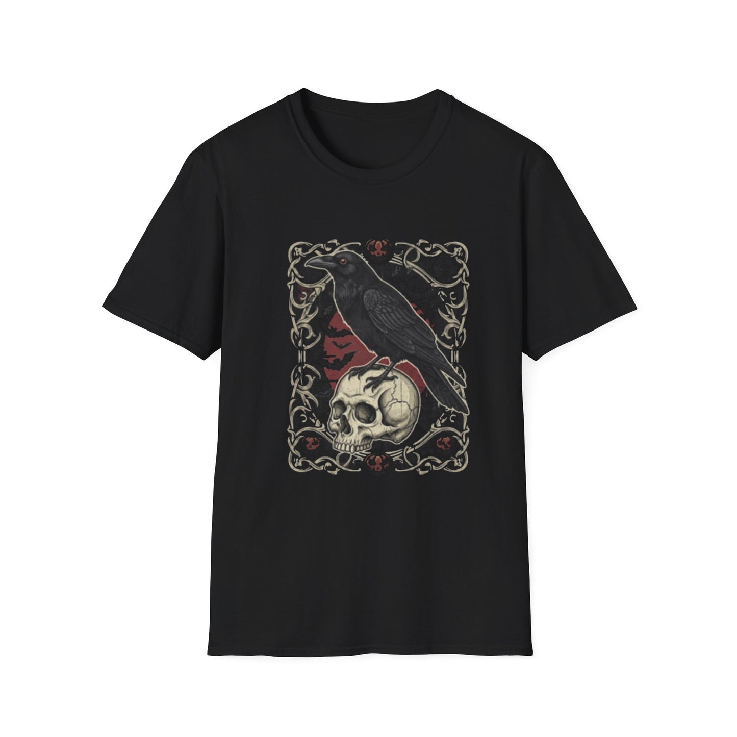 Gothic Raven and Skull T-Shirt | Unisex Softstyle Tee for Halloween, Dark Aesthetic, Casual Wear, Unique Gift, Spooky Vibes