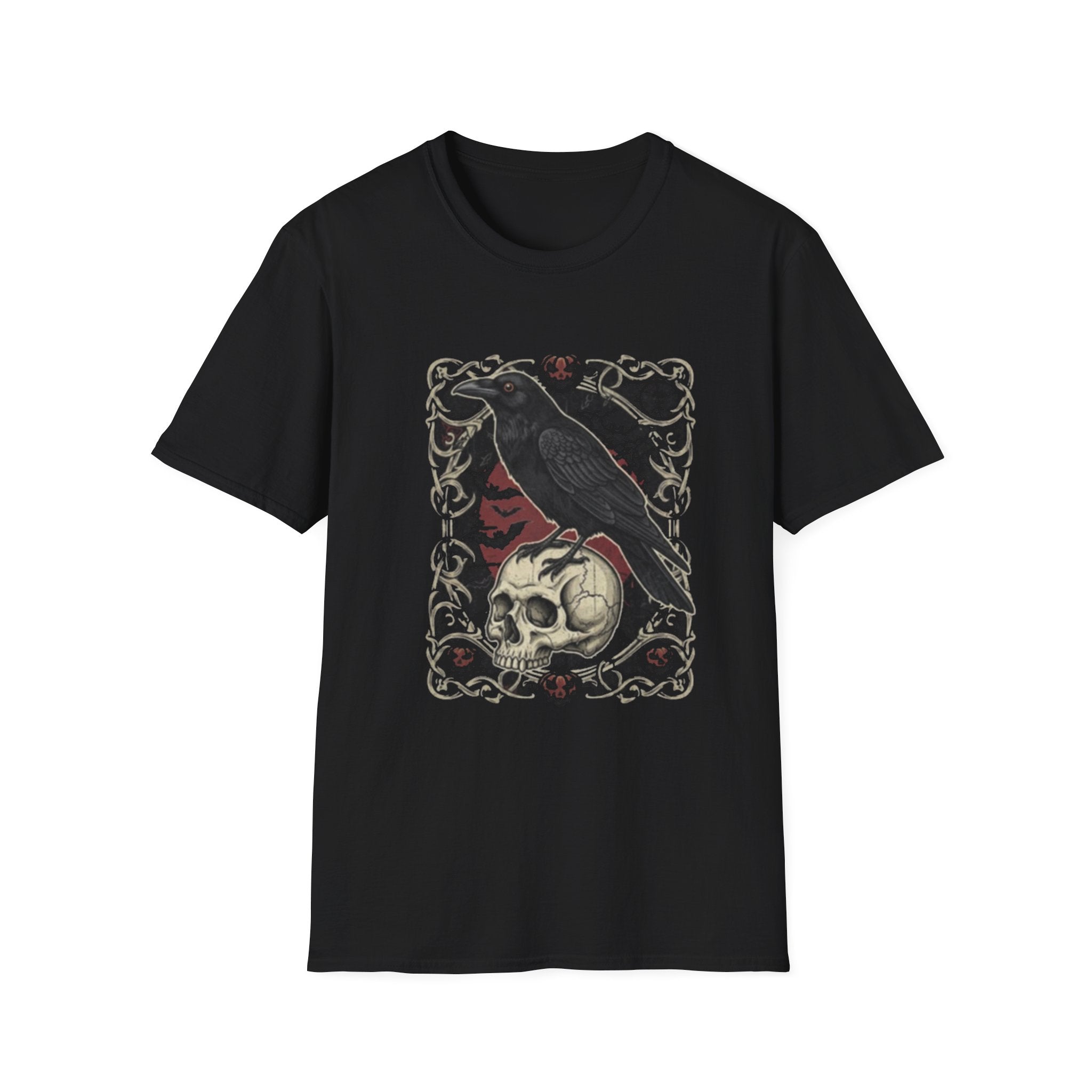 Gothic Raven and Skull T-Shirt | Unisex Softstyle Tee for Halloween, Dark Aesthetic, Casual Wear, Unique Gift, Spooky Vibes