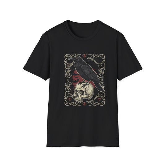 Gothic Raven and Skull T-Shirt | Unisex Softstyle Tee for Halloween, Dark Aesthetic, Casual Wear, Unique Gift, Spooky Vibes