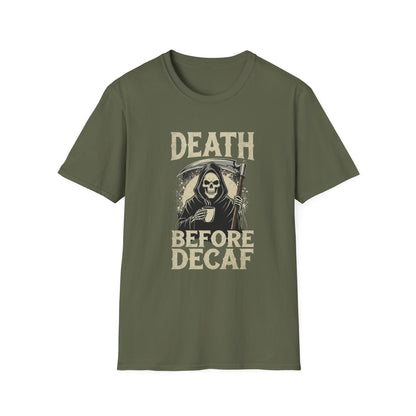 Humorous Graphic T-Shirt for Coffee Lovers, Funny Death Before Decaf Tee, Gift for Baristas, Halloween Apparel, Unisex Softstyle Shirt
