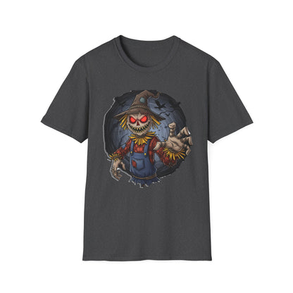 Spooky Scarecrow T-Shirt, Halloween Shirt, Scary Graphic Tee, Unisex Softstyle T-Shirt, Fall Fashion, Gift for Horror Fans