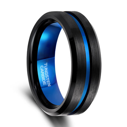 Men's Blue Groove Bevel Wide Surface Tungsten Ring