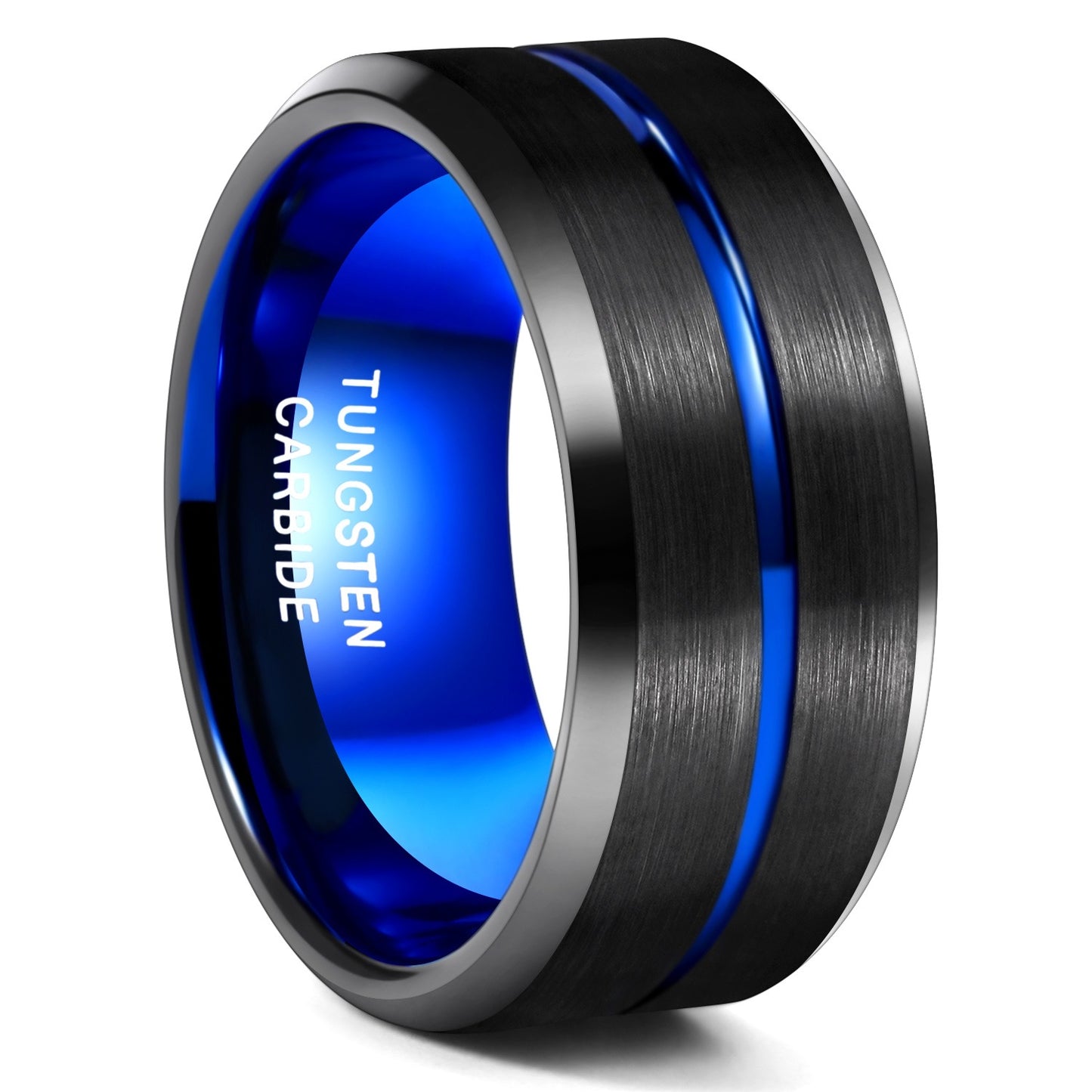 Men's Blue Groove Bevel Wide Surface Tungsten Ring