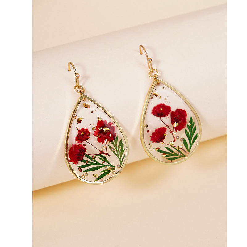 Drop-shaped Epoxy Leaf-shaped Flowers Earrings