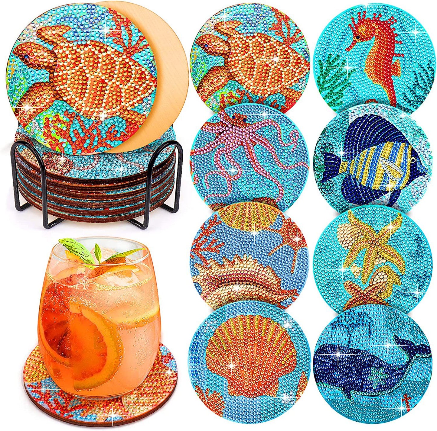 Ocean Series Diamond Painting Coaster Set Rhinestones Wooden Table Placemat With Rack For Home Decor Kitchen Accessories