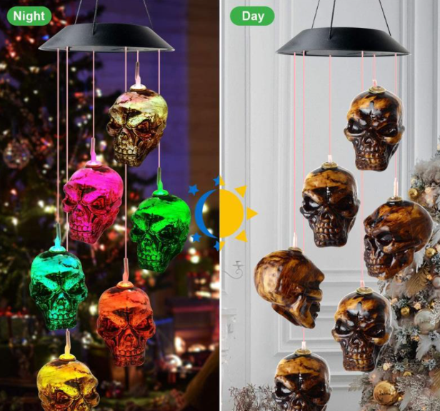 Solar Wind Chimes Skull Pumpkin Lantern Outdoor Garden Halloween Decoration Light