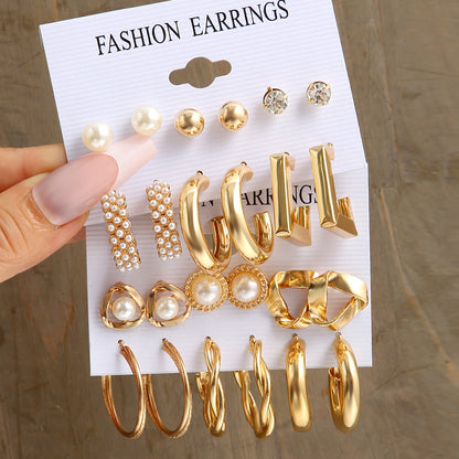 Gold Geometric Metal Vintage Pearl Inlaid Rhinestone Earrings Suit