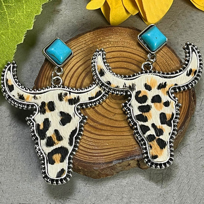 Vintage Ethnic Style Bohemian Genuine Leather Horsehair Cow Head Turquoise Earrings